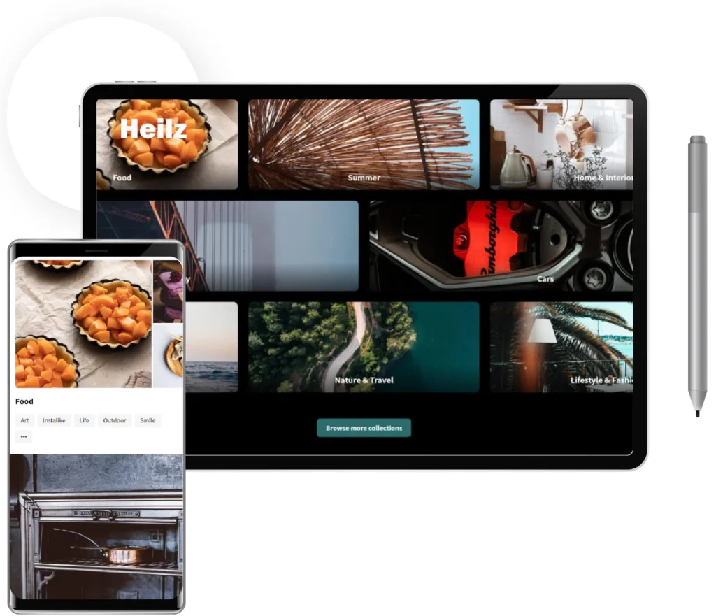 Heilz WordPress digital downloads marketplace theme shown on mobile and desktop screens
