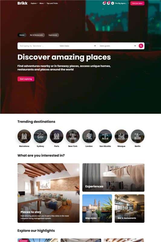 Brikk theme demo showing a rental marketplace listing page with search and booking form